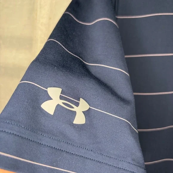 Under Armour Polo Shirt Mens Large Navy Blue Excellent Pink Ribbon Striped - Picture 6 of 7
